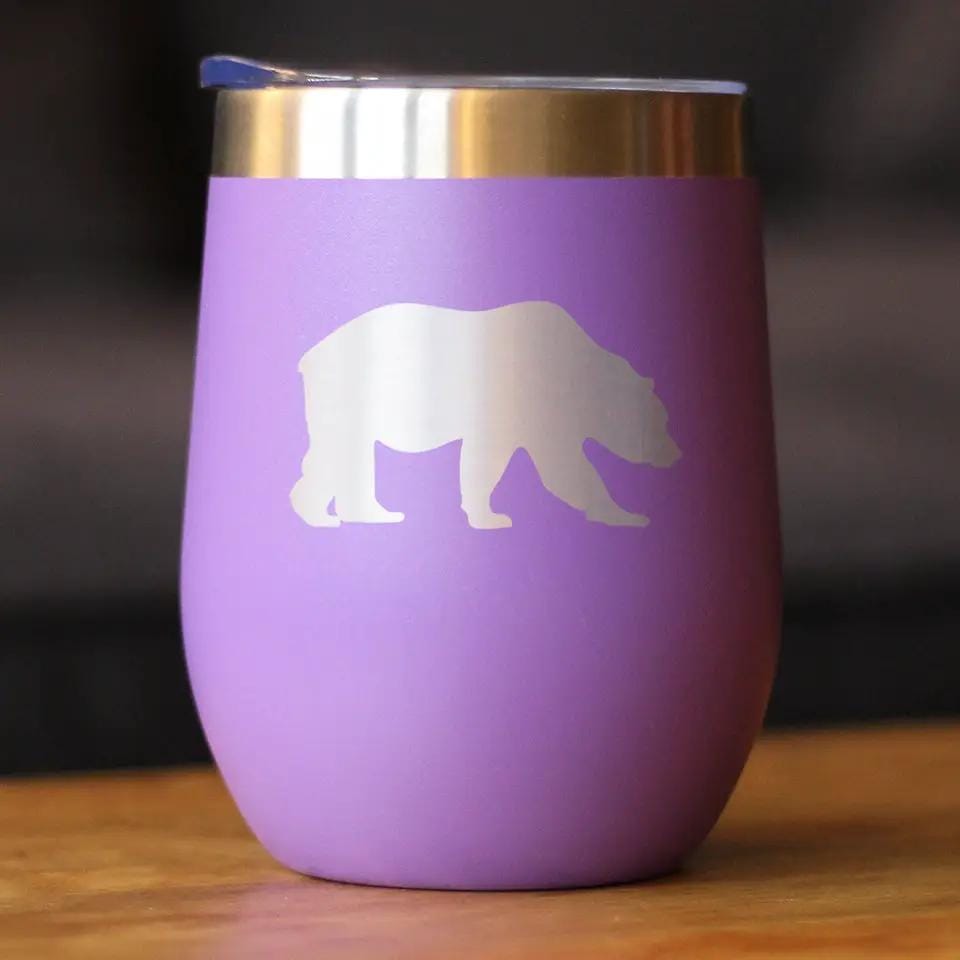 Insulated Stemless Wine Tumbler | 12 oz Stainless Steel | Sliding Lid | Bear Silhouette
