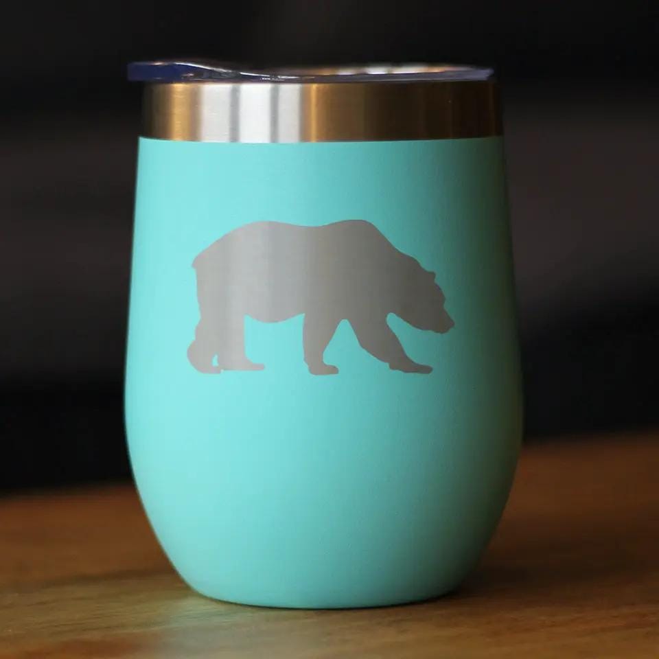 Insulated Stemless Wine Tumbler | 12 oz Stainless Steel | Sliding Lid | Bear Silhouette