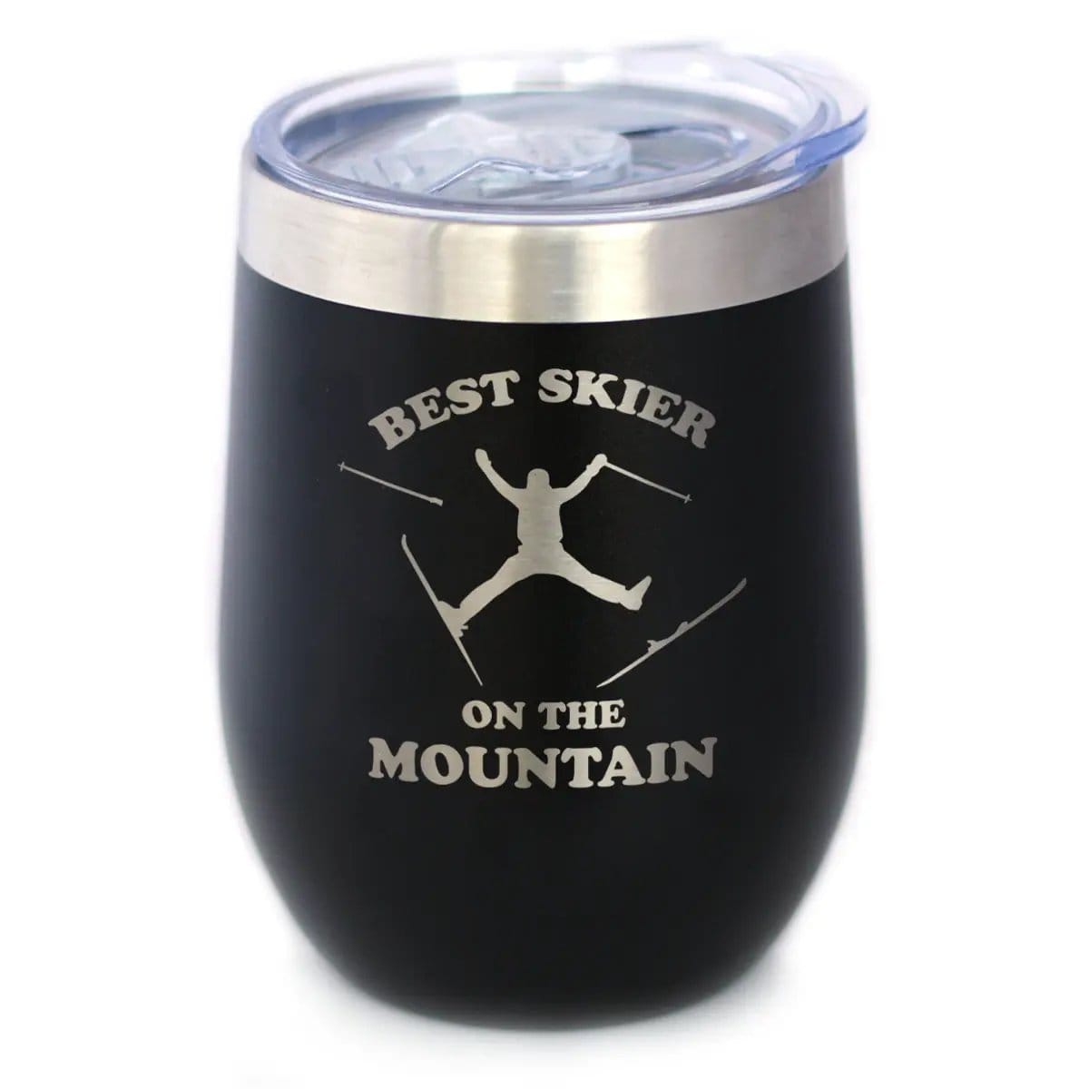 Insulated Stemless Wine Tumbler | 12 oz Stainless Steel | Sliding Lid | Best Skier On The Mountain