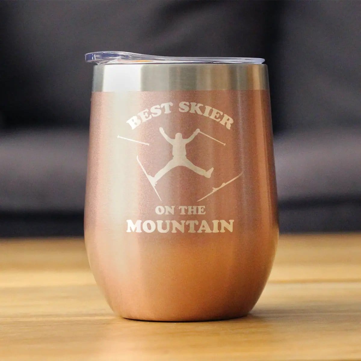 Insulated Stemless Wine Tumbler | 12 oz Stainless Steel | Sliding Lid | Best Skier On The Mountain