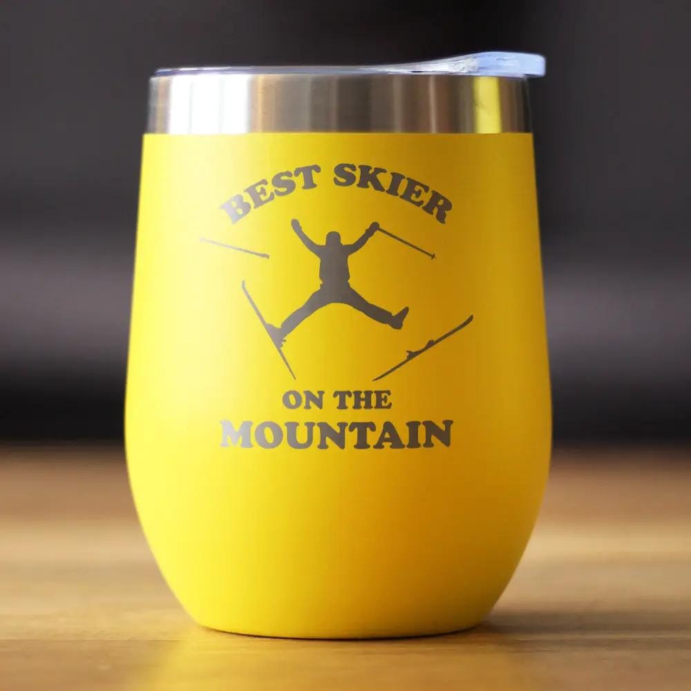 Insulated Stemless Wine Tumbler | 12 oz Stainless Steel | Sliding Lid | Best Skier On The Mountain