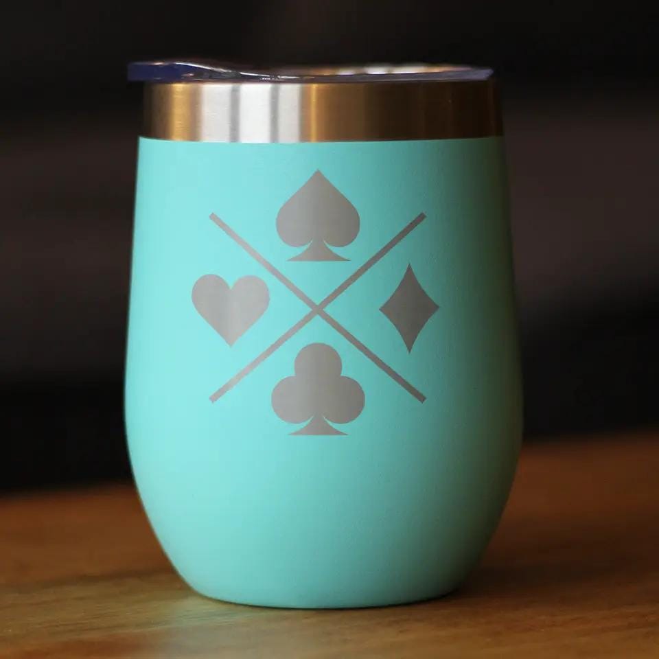 Insulated Coffee Tumbler | 12 oz Stainless Steel | Sliding Lid | Card Suits (Style 2)