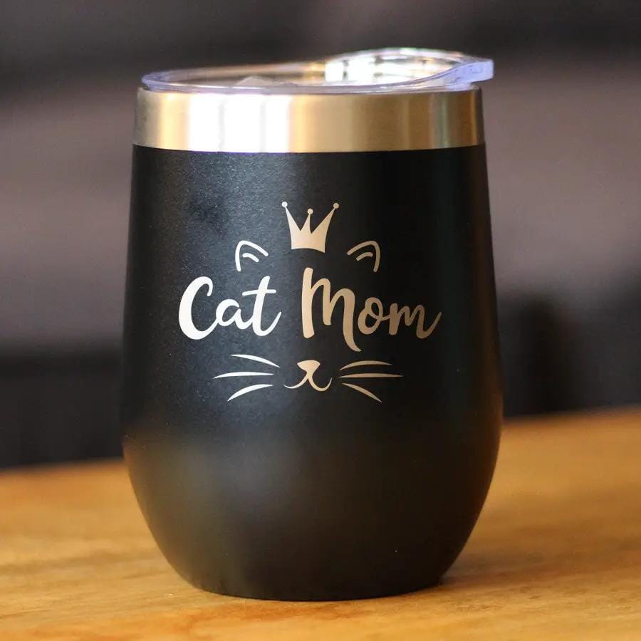 Insulated Stemless Wine Tumbler | 12 oz Stainless Steel | Sliding Lid | Cat Mom