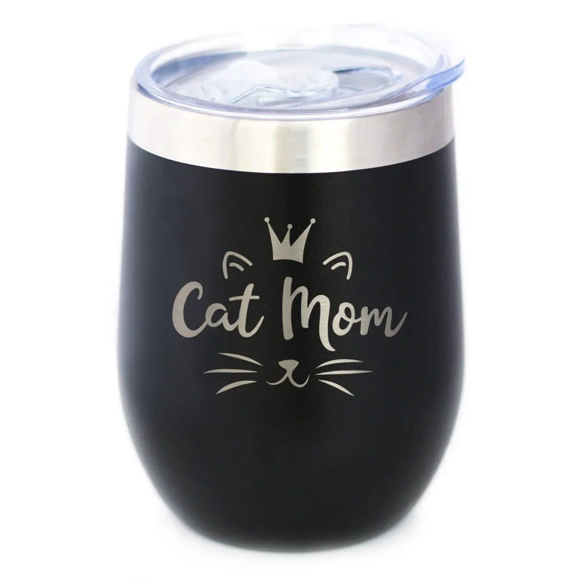 Insulated Stemless Wine Tumbler | 12 oz Stainless Steel | Sliding Lid | Cat Mom
