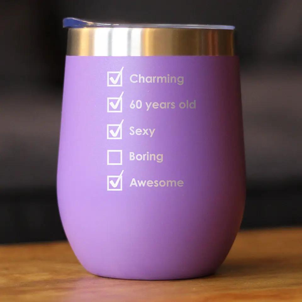 Wine Tumbler | 12 Oz | Stainless Steel | Sliding Lid | 60th Birthday