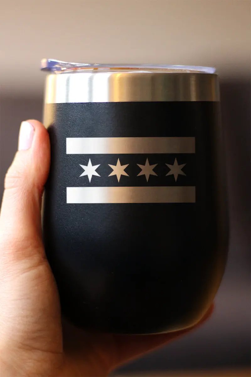 Chicago Flag Wine Tumbler | 12 Oz Double Wall Stainless Steel | Sliding Lid | Cute Windy City Themed Gifts