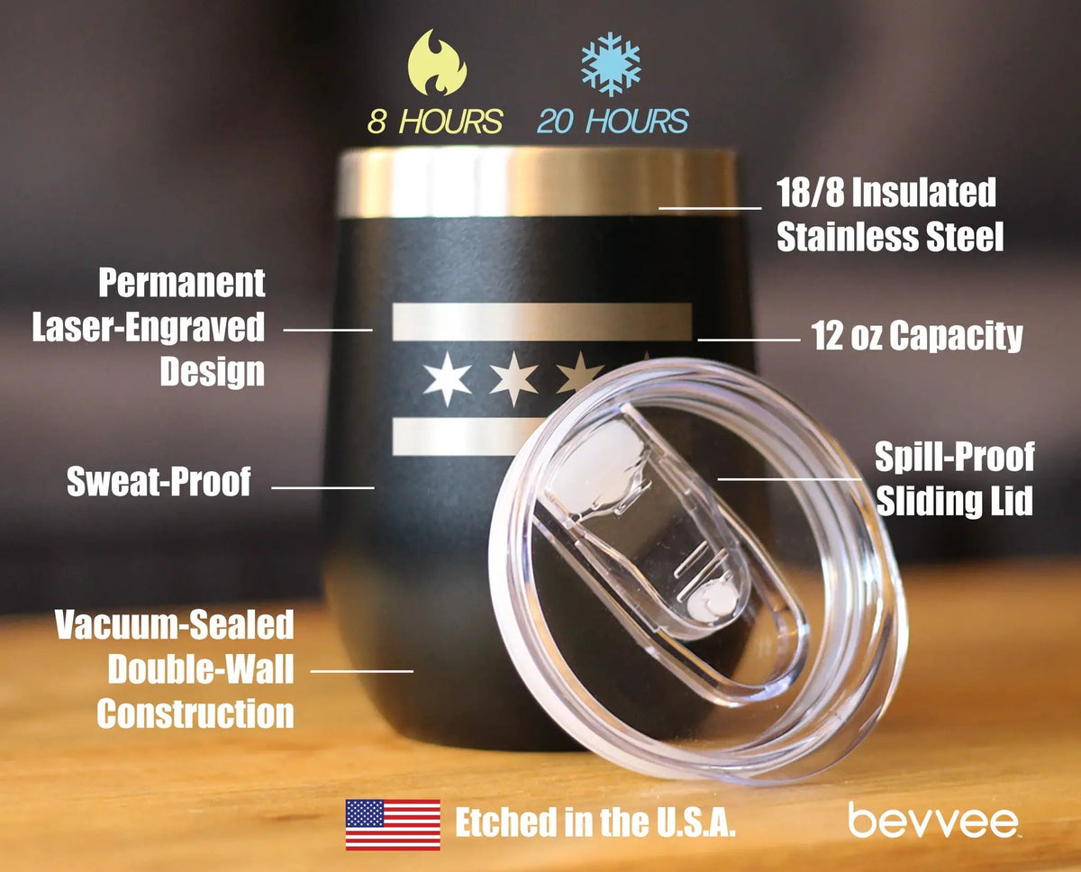 Chicago Flag Wine Tumbler | 12 Oz Double Wall Stainless Steel | Sliding Lid | Cute Windy City Themed Gifts