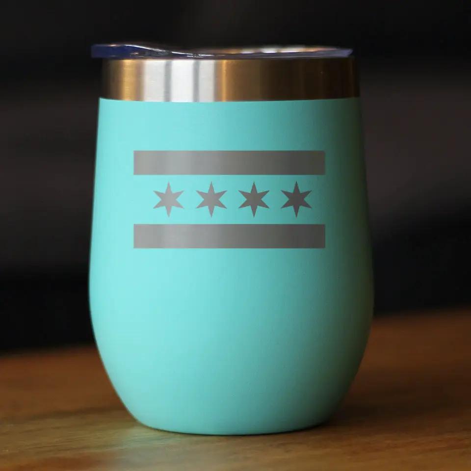 Chicago Flag Wine Tumbler | 12 Oz Double Wall Stainless Steel | Sliding Lid | Cute Windy City Themed Gifts