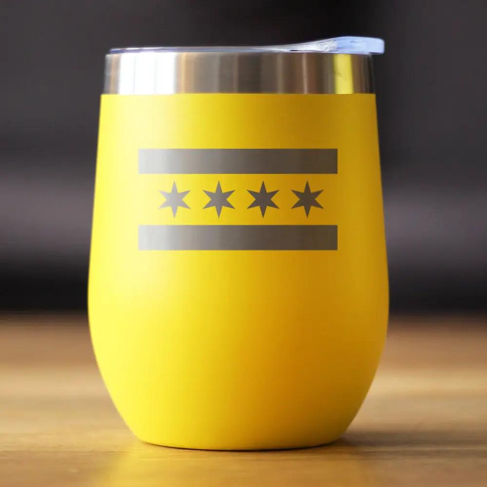 Chicago Flag Wine Tumbler | 12 Oz Double Wall Stainless Steel | Sliding Lid | Cute Windy City Themed Gifts