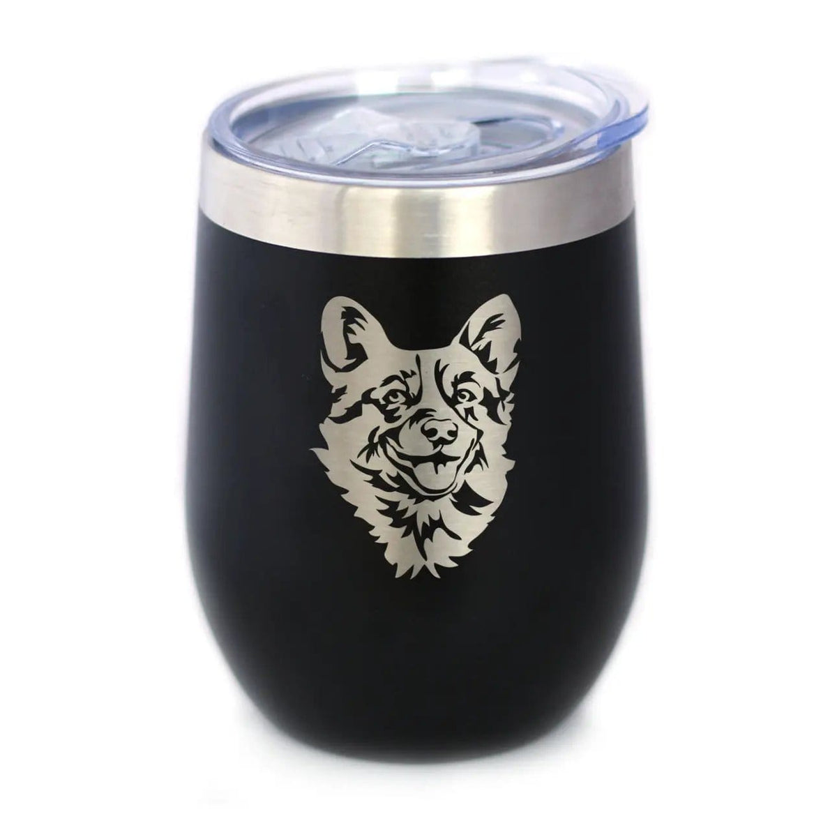 Insulated Stemless Wine Tumbler | 12 oz Stainless Steel | Sliding Lid | Welsh Corgi Face