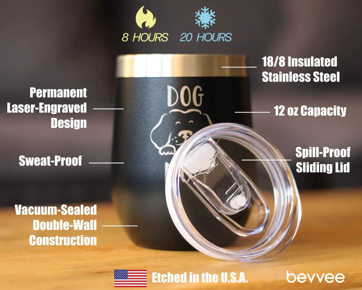 Insulated Stemless Wine Tumbler | 12 oz Stainless Steel | Sliding Lid | Dog Mom