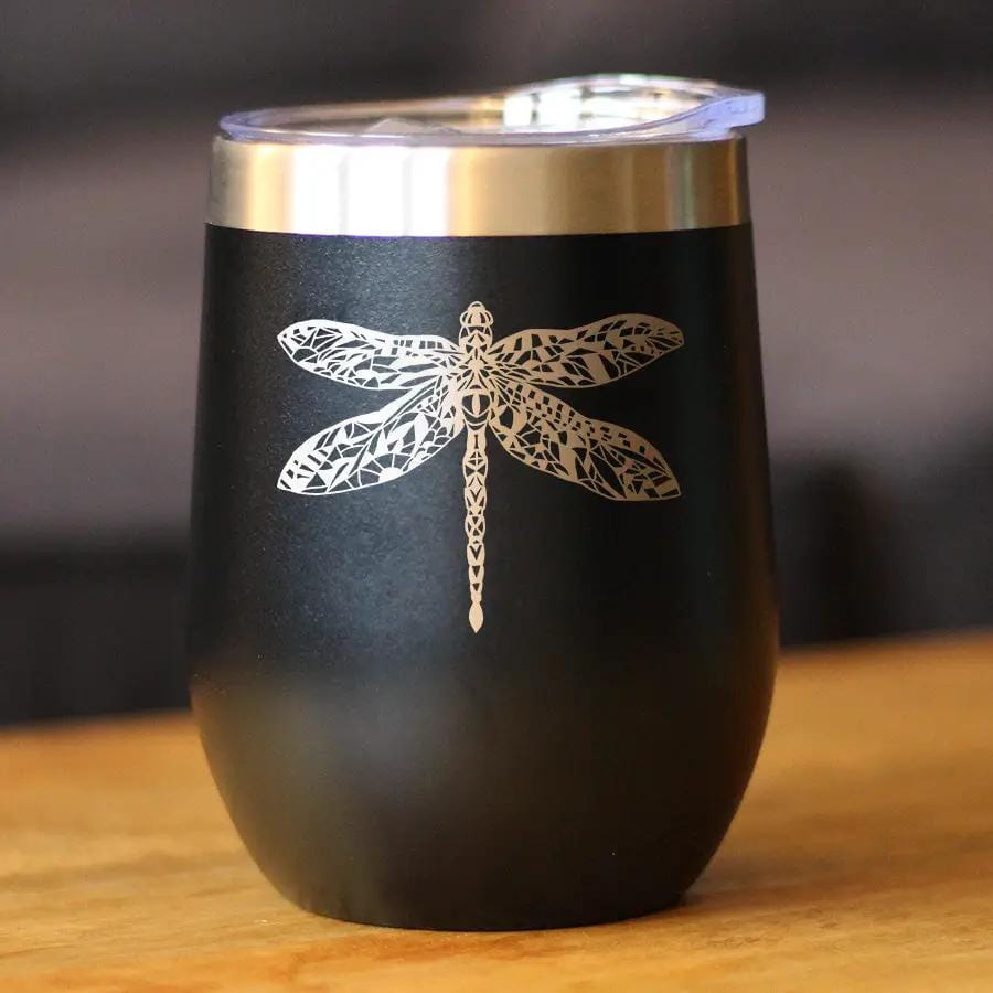 Insulated Stemless Wine Tumbler | 12 oz Stainless Steel | Sliding Lid | Dragonfly