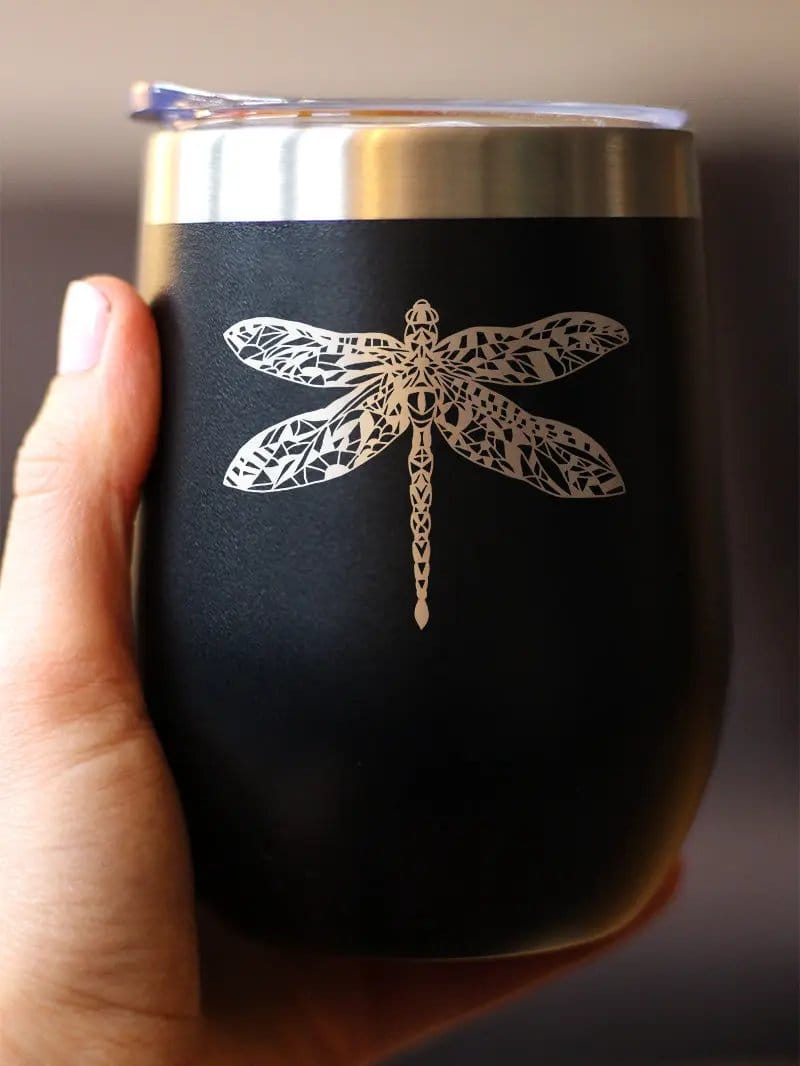 Insulated Stemless Wine Tumbler | 12 oz Stainless Steel | Sliding Lid | Dragonfly