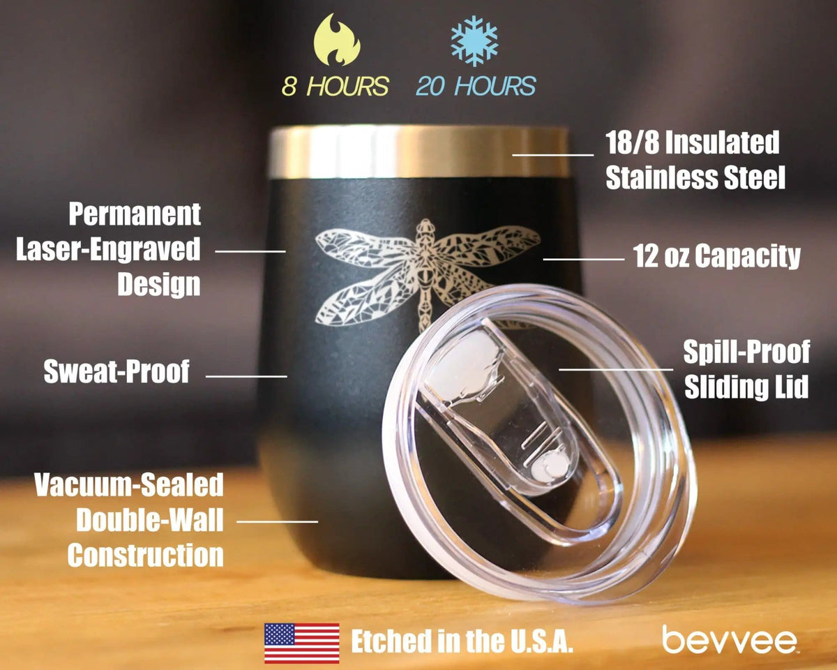 Insulated Stemless Wine Tumbler | 12 oz Stainless Steel | Sliding Lid | Dragonfly