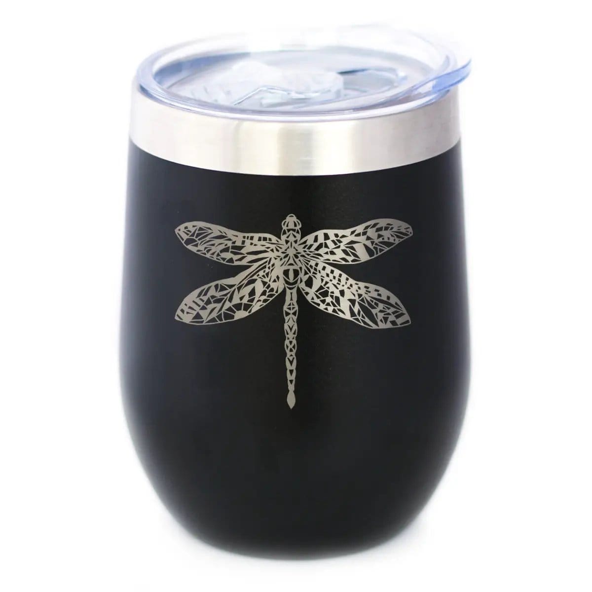 Insulated Stemless Wine Tumbler | 12 oz Stainless Steel | Sliding Lid | Dragonfly