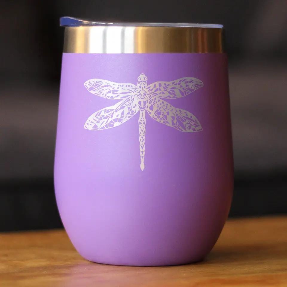 Insulated Stemless Wine Tumbler | 12 oz Stainless Steel | Sliding Lid | Dragonfly