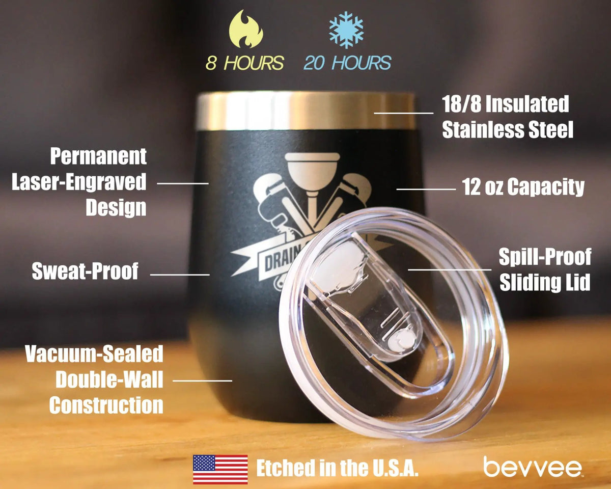 Drain Surgeon Wine Tumbler | 12 Oz Double Wall Stainless Steel | Sliding Lid | Funny Plumber Gifts