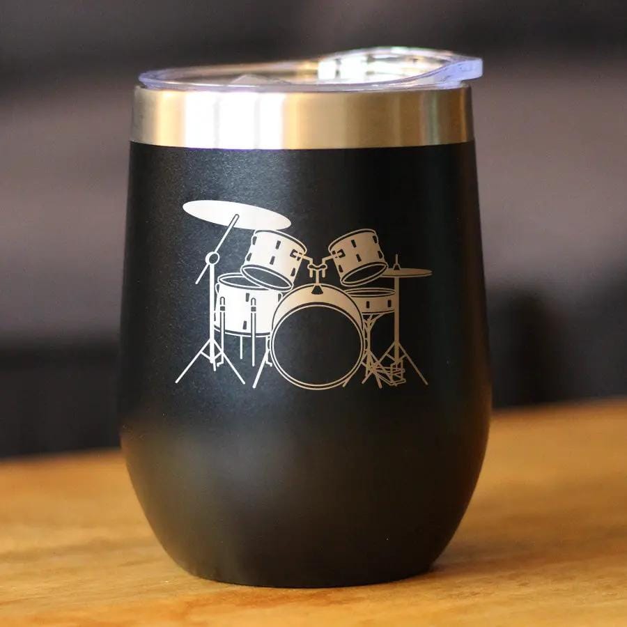 Insulated Stemless Wine Tumbler | 12 oz Stainless Steel | Sliding Lid | Drums