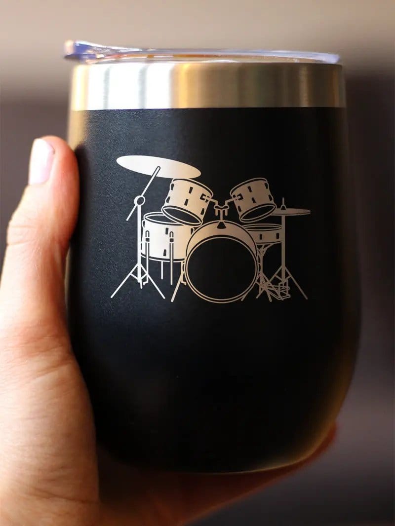 Insulated Stemless Wine Tumbler | 12 oz Stainless Steel | Sliding Lid | Drums