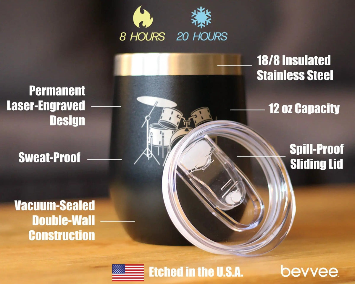 Insulated Stemless Wine Tumbler | 12 oz Stainless Steel | Sliding Lid | Drums