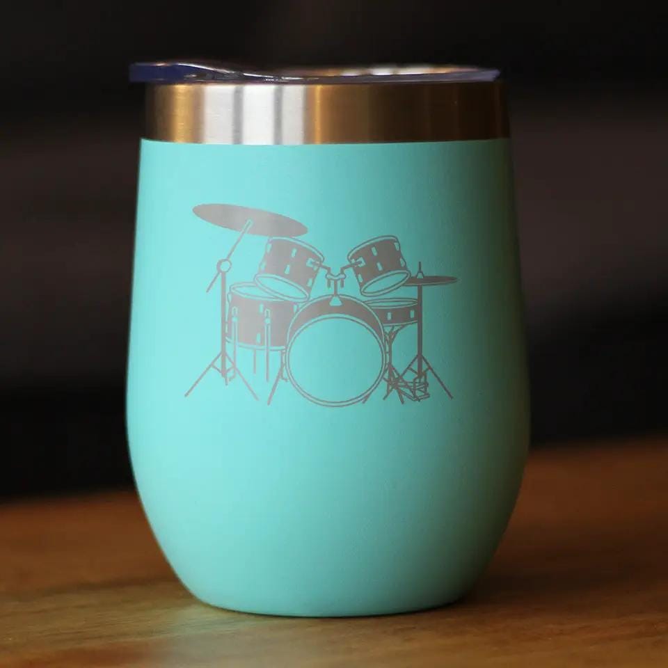 Insulated Stemless Wine Tumbler | 12 oz Stainless Steel | Sliding Lid | Drums