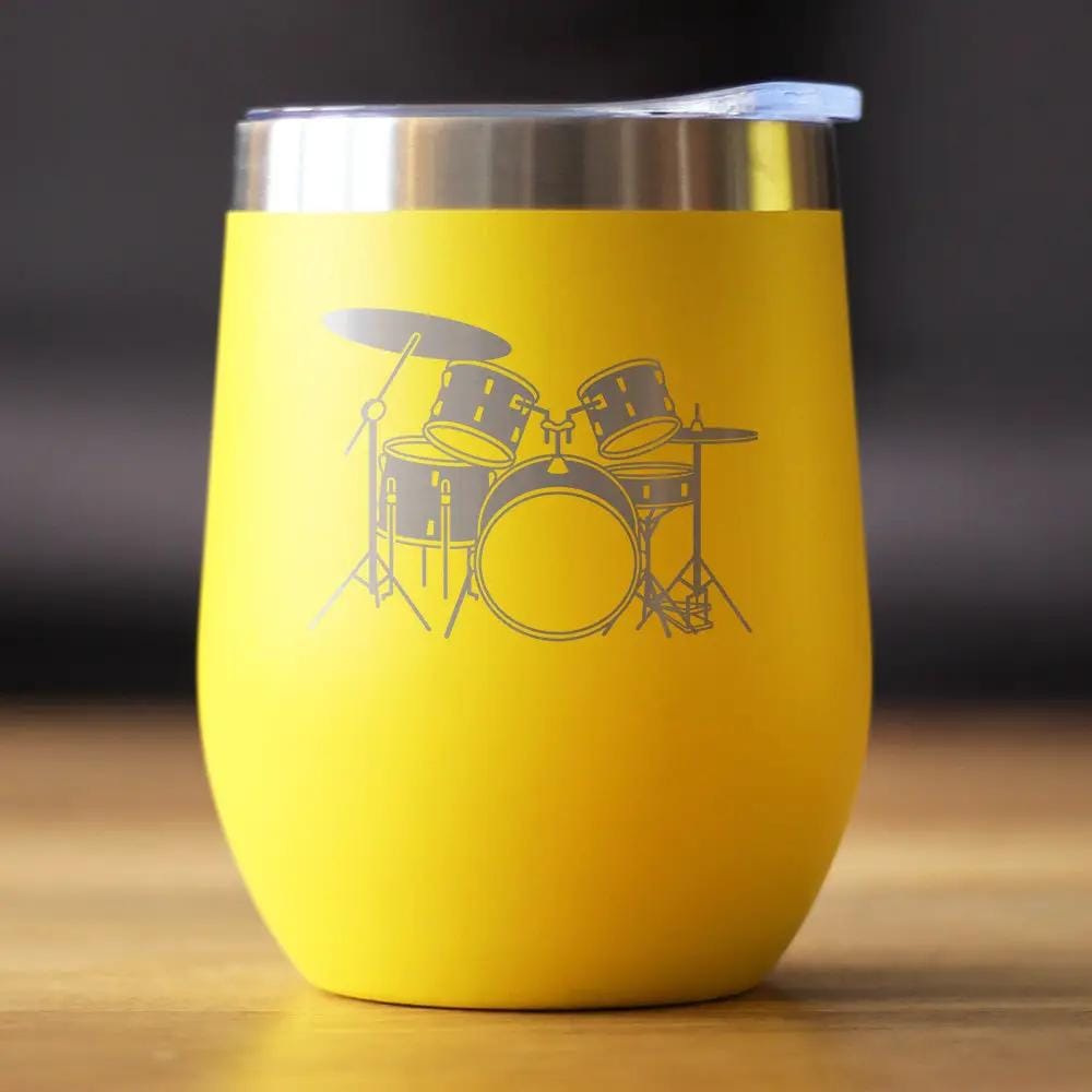 Insulated Stemless Wine Tumbler | 12 oz Stainless Steel | Sliding Lid | Drums