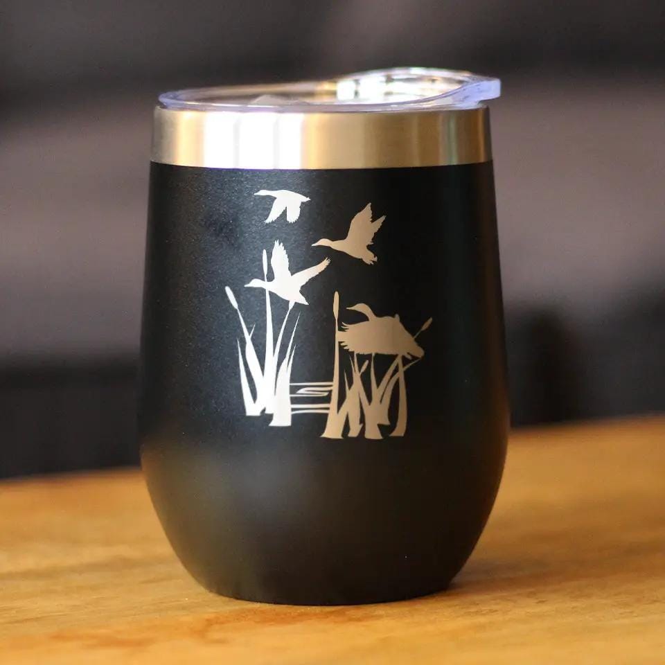 Insulated Stemless Wine Tumbler | 12 oz Stainless Steel | Sliding Lid | Duck Pond