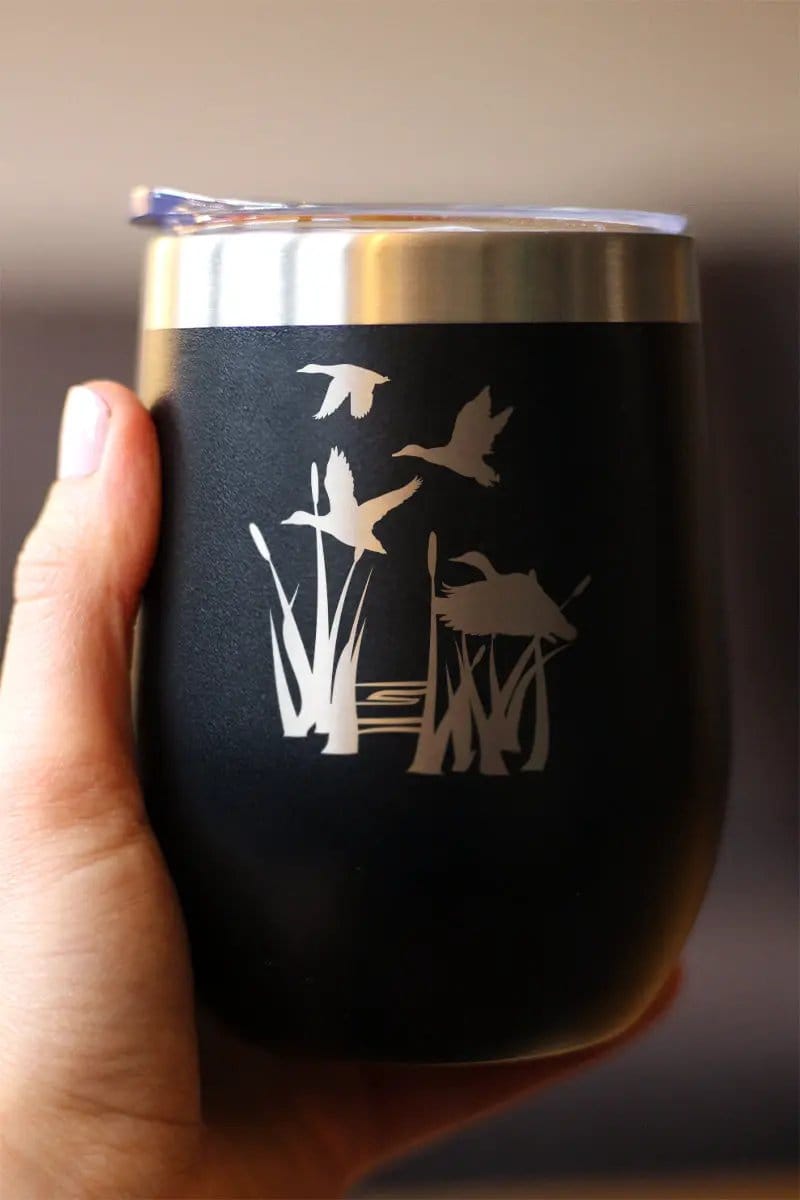 Insulated Stemless Wine Tumbler | 12 oz Stainless Steel | Sliding Lid | Duck Pond