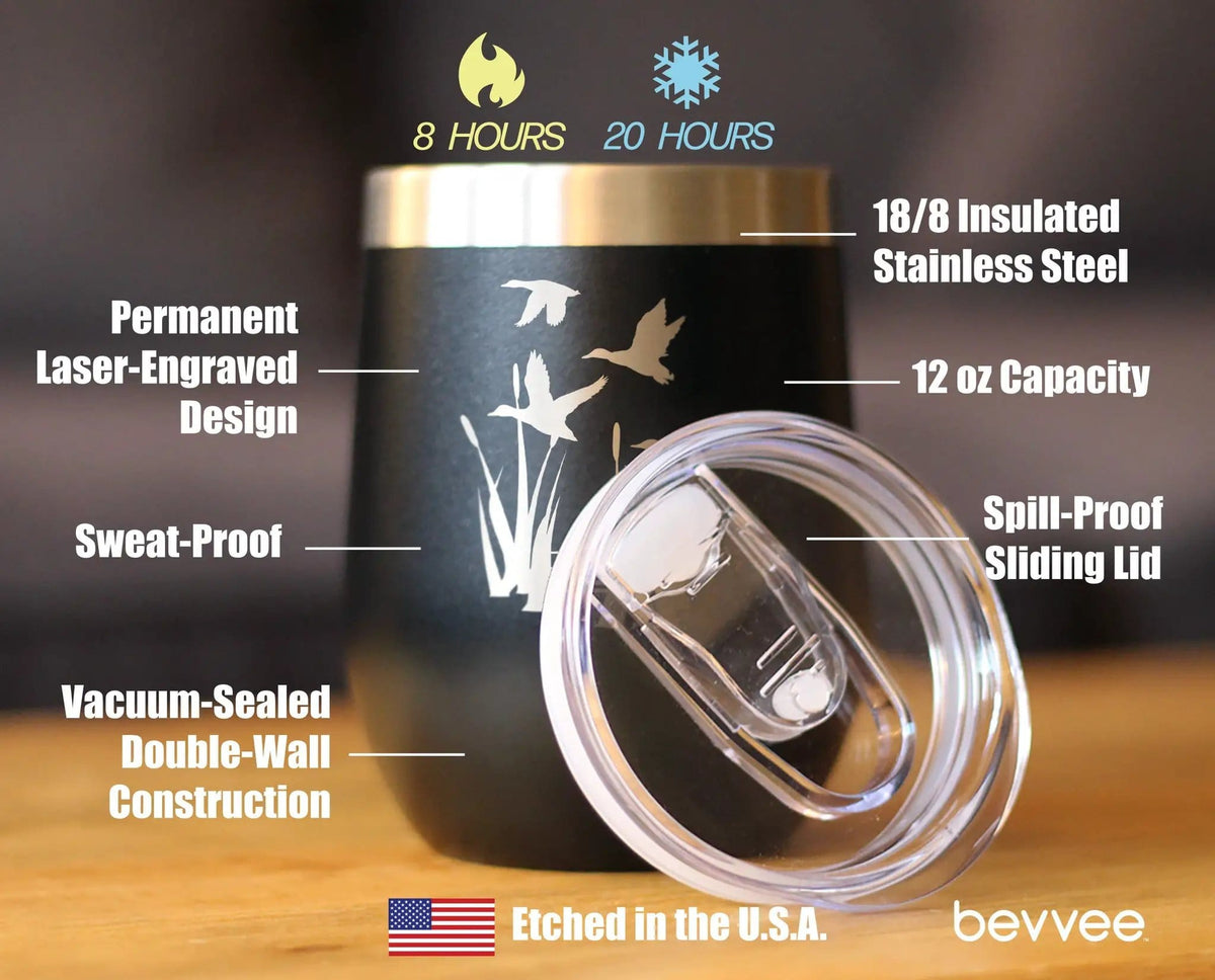 Insulated Stemless Wine Tumbler | 12 oz Stainless Steel | Sliding Lid | Duck Pond