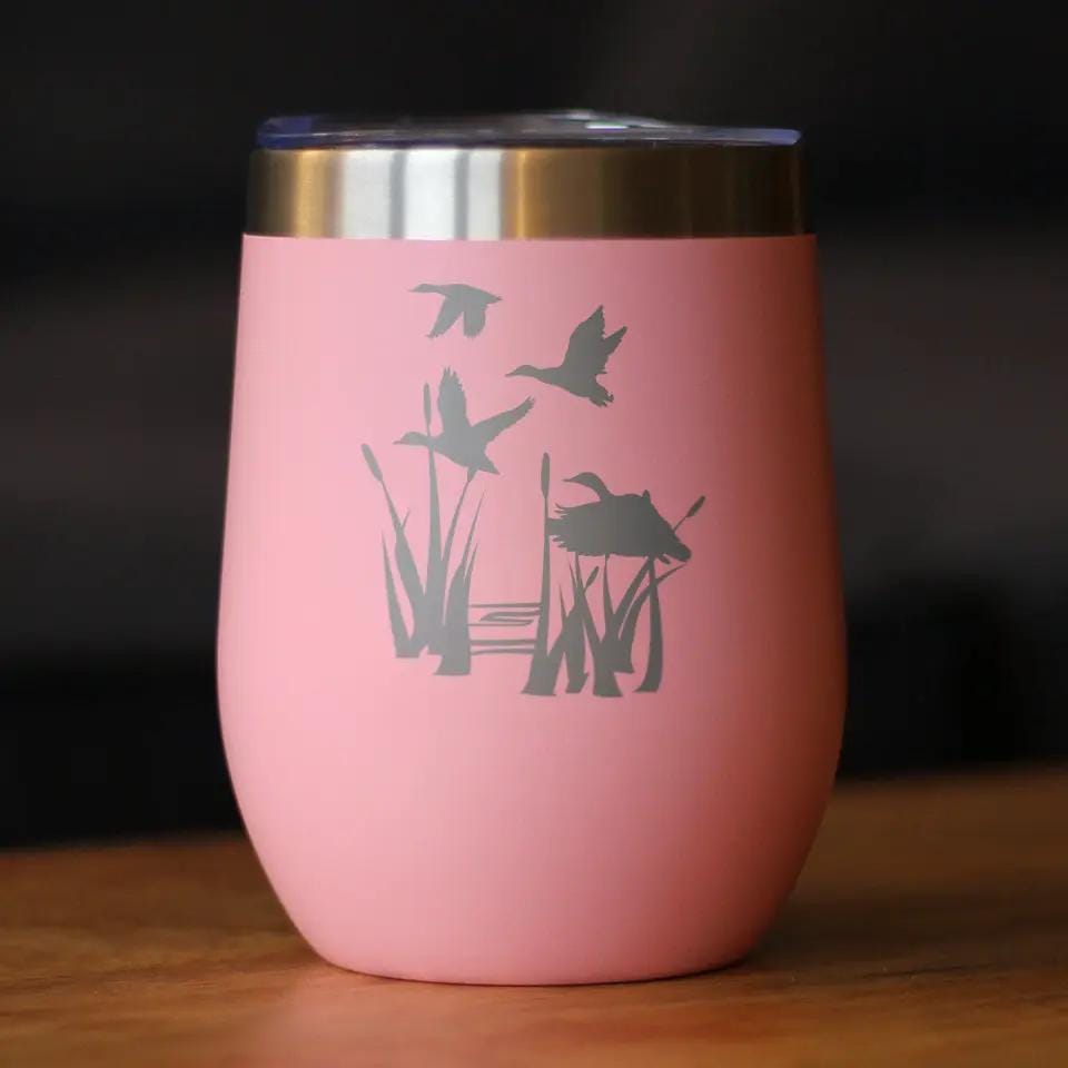 Insulated Stemless Wine Tumbler | 12 oz Stainless Steel | Sliding Lid | Duck Pond