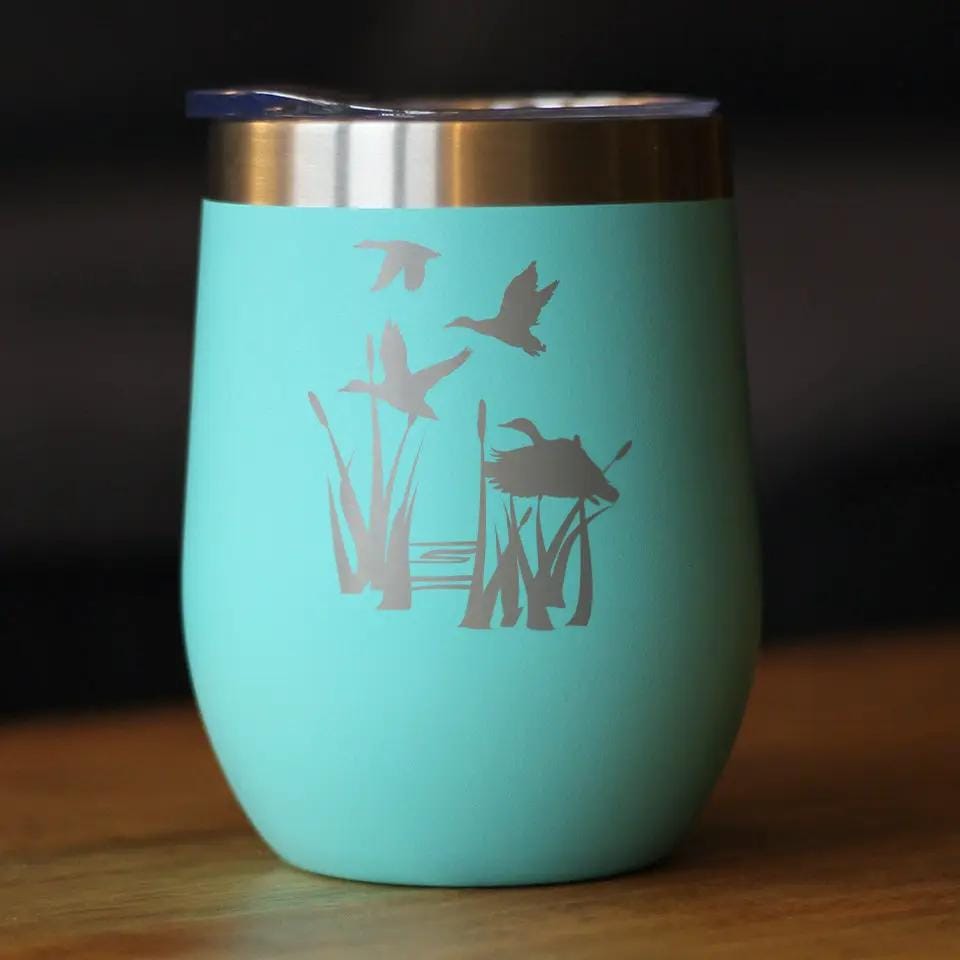 Insulated Stemless Wine Tumbler | 12 oz Stainless Steel | Sliding Lid | Duck Pond