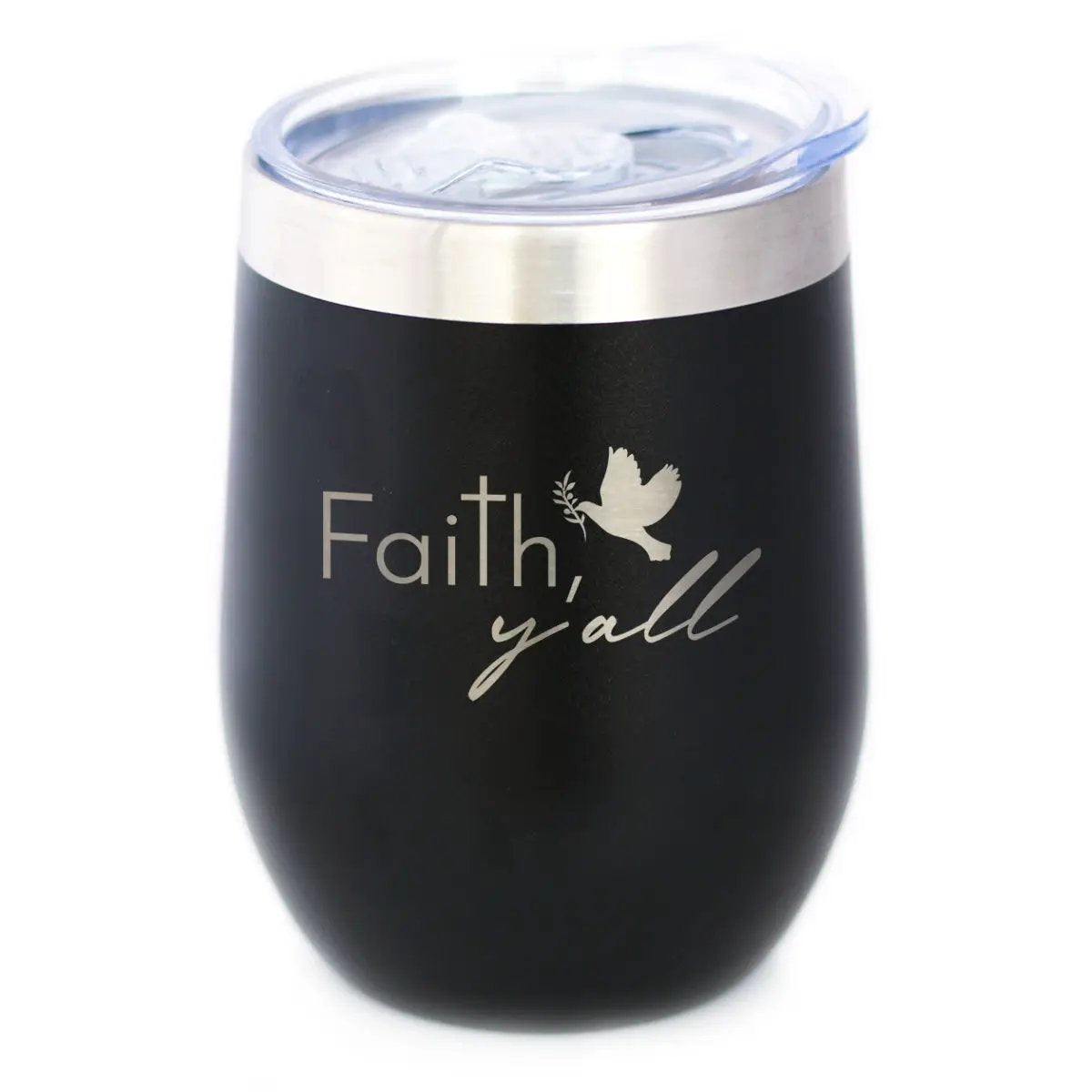 Faith Y'all Wine Tumbler | 12 Oz Double Wall Stainless Steel | Sliding Lid | Christianity Gifts For Christians