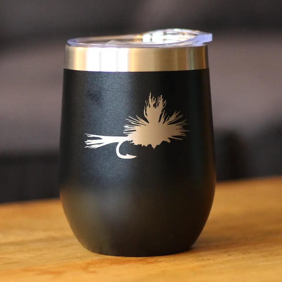 Insulated Stemless Wine Tumbler | 12 oz Stainless Steel | Sliding Lid | Fishing Fly