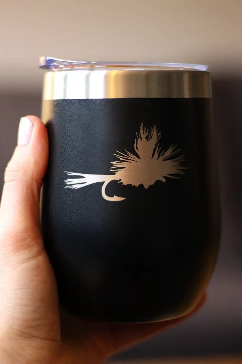 Insulated Stemless Wine Tumbler | 12 oz Stainless Steel | Sliding Lid | Fishing Fly