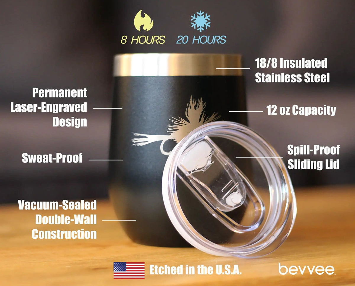 Insulated Stemless Wine Tumbler | 12 oz Stainless Steel | Sliding Lid | Fishing Fly