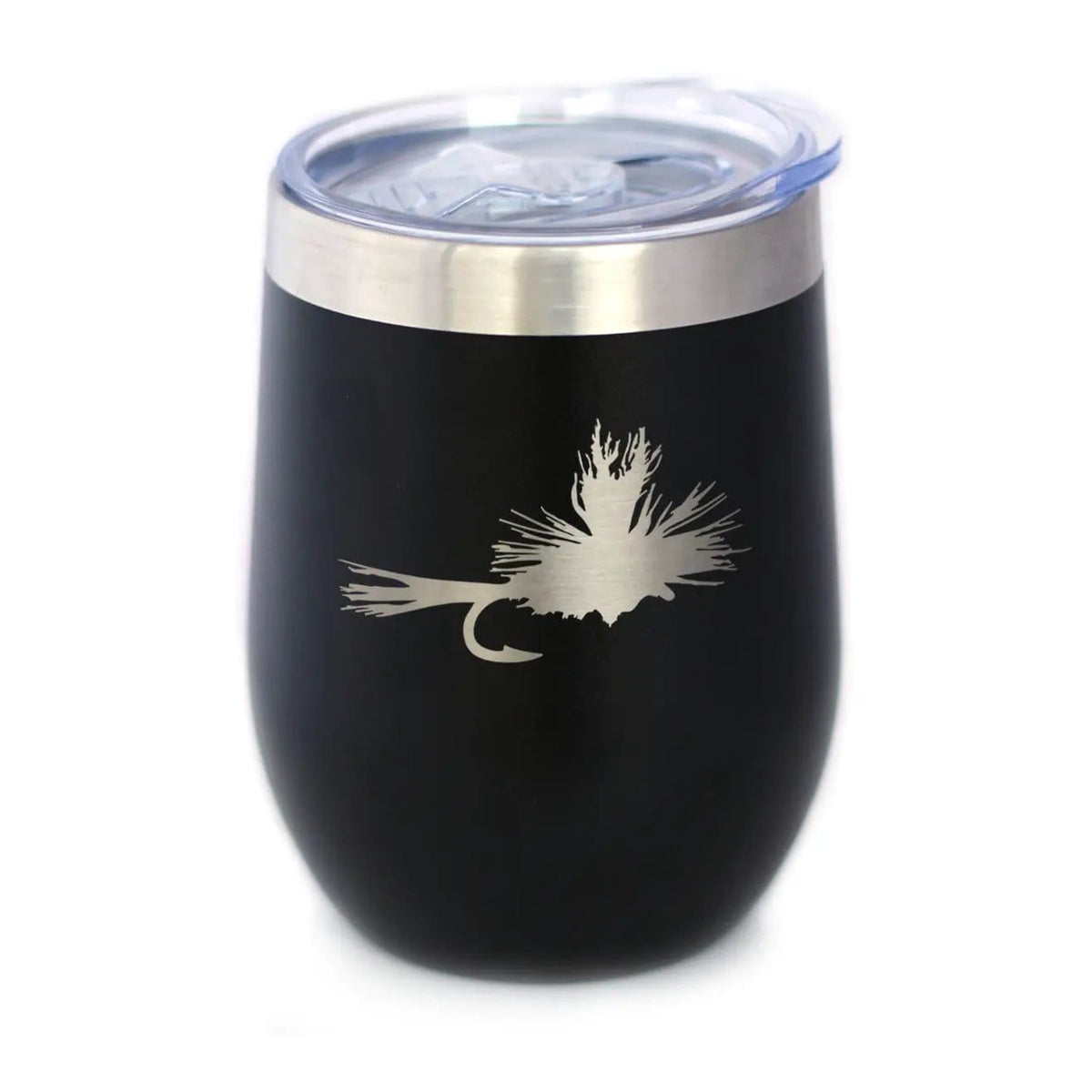Insulated Stemless Wine Tumbler | 12 oz Stainless Steel | Sliding Lid | Fishing Fly