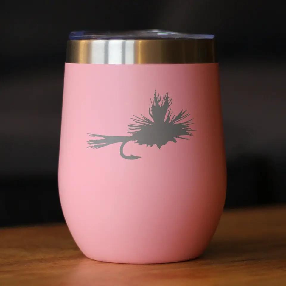 Insulated Stemless Wine Tumbler | 12 oz Stainless Steel | Sliding Lid | Fishing Fly