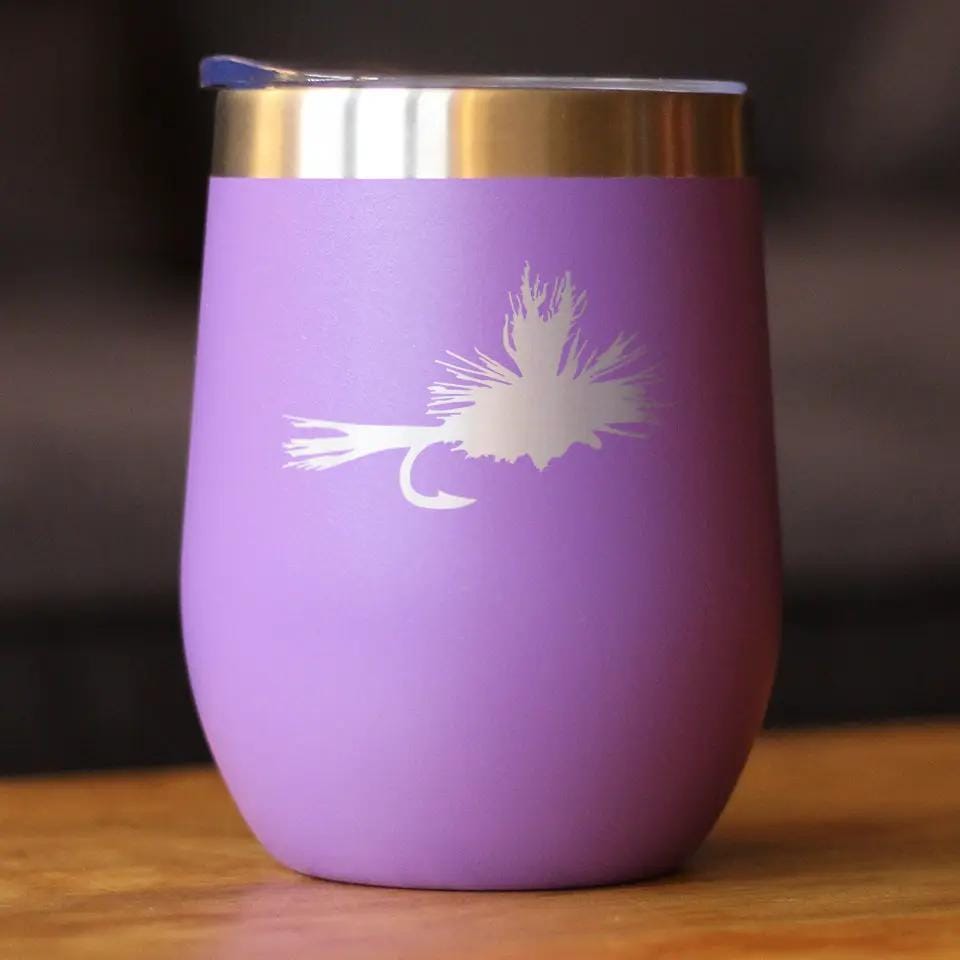 Insulated Stemless Wine Tumbler | 12 oz Stainless Steel | Sliding Lid | Fishing Fly