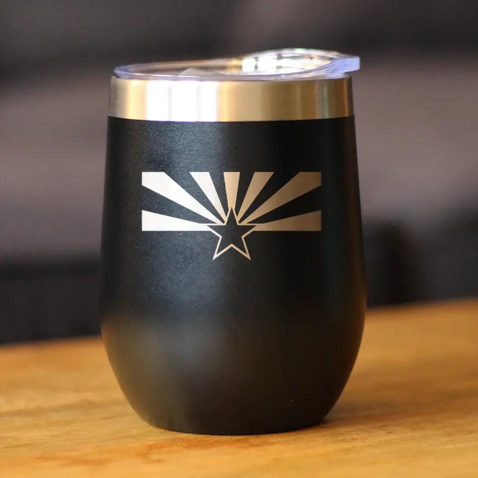 Insulated Stemless Wine Tumbler | 12 oz Stainless Steel | Sliding Lid | Flag of Arizona