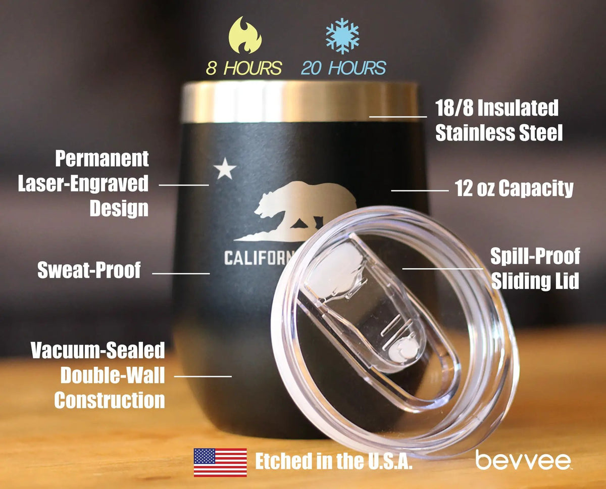 Flag of California Wine Tumbler | 12 Oz Double Wall Stainless Steel | Sliding Lid | California Gifts For Women and