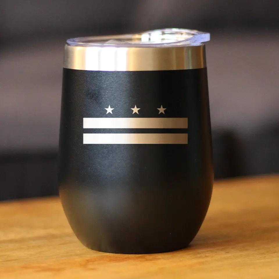 Insulated Stemless Wine Tumbler | 12 oz Stainless Steel | Sliding Lid | Flag of Washington DC