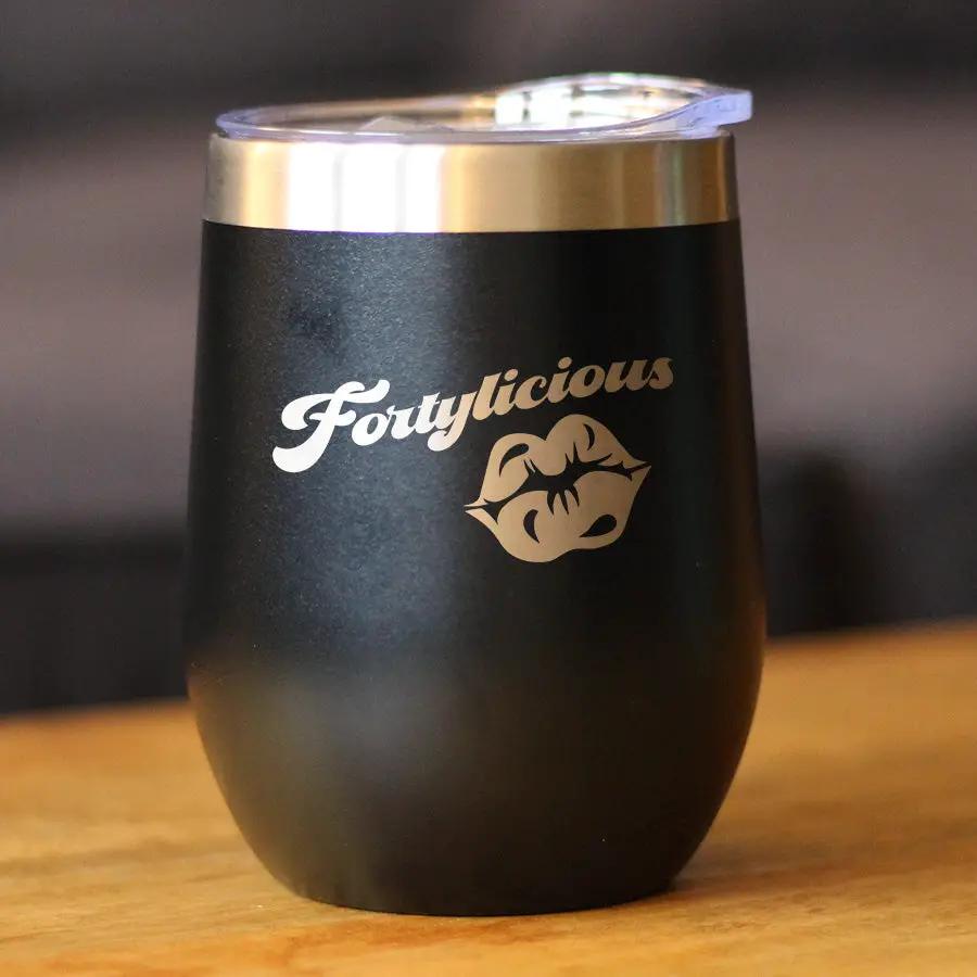 Fortylicious Wine Tumbler | 12 Oz Double Wall Stainless Steel | Sliding Lid | Funny 40th Birthday Gifts