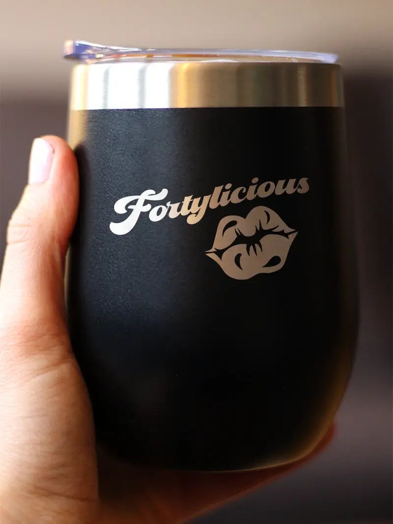 Fortylicious Wine Tumbler | 12 Oz Double Wall Stainless Steel | Sliding Lid | Funny 40th Birthday Gifts