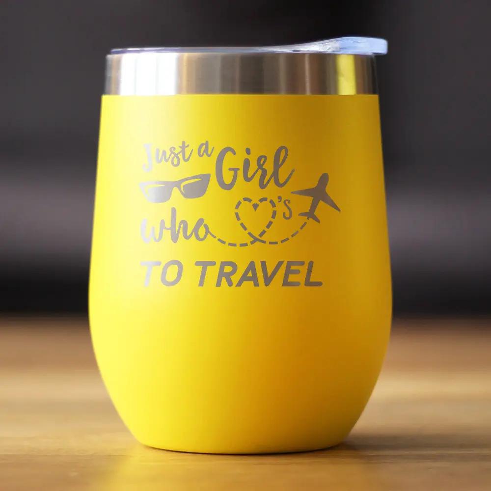 Girl Who Loves Travel Wine Tumbler | 12 Oz Double Wall Stainless Steel | Sliding Lid | Gifts For Travelers