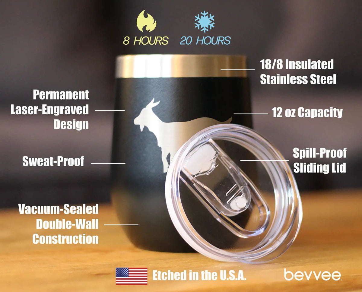 Insulated Stemless Wine Tumbler | 12 oz Stainless Steel | Sliding Lid | Goat Silhouette