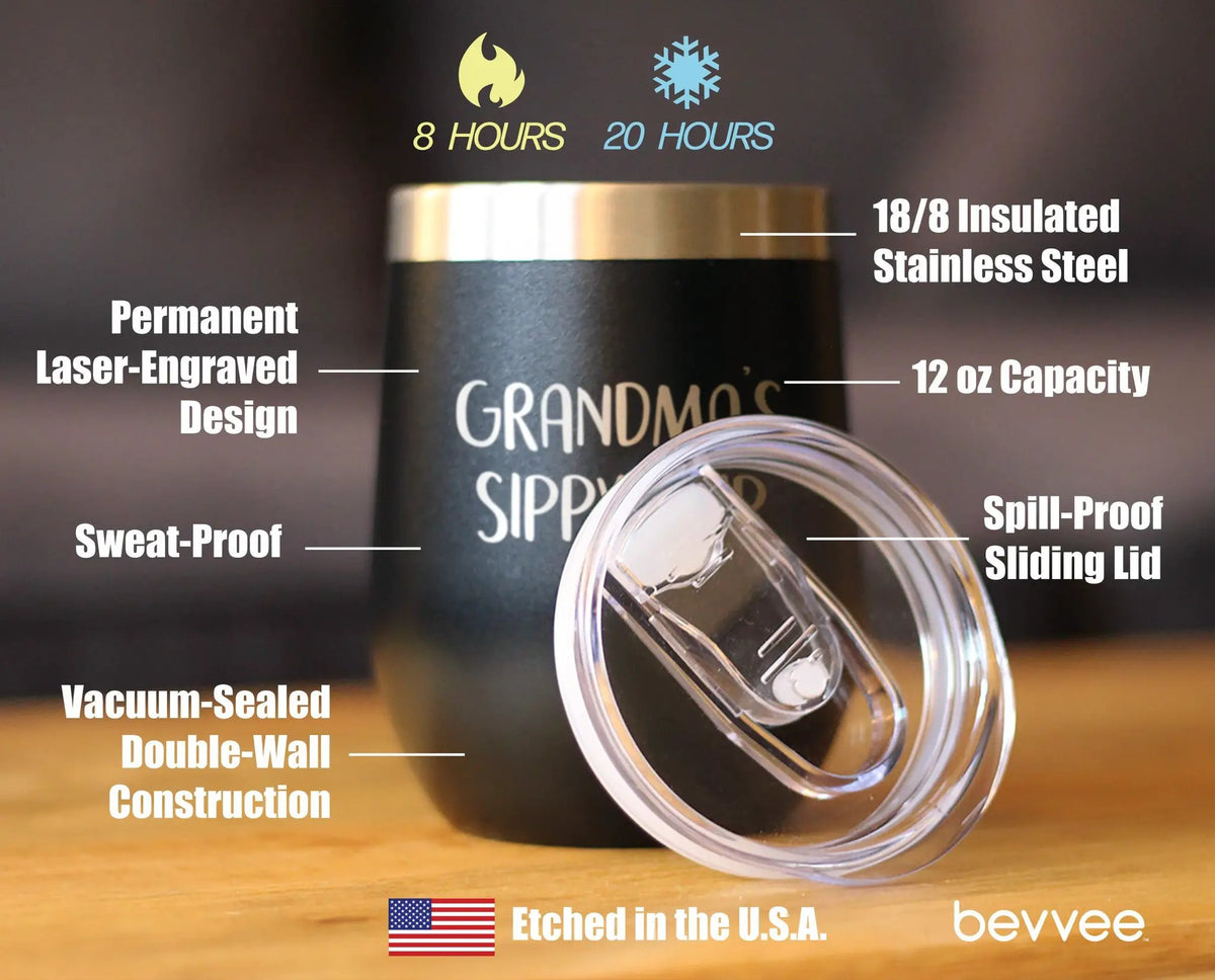 Grandma's Sippy Cup Wine Tumbler | 12 Oz | Double Wall Stainless Steel | Sliding Lid