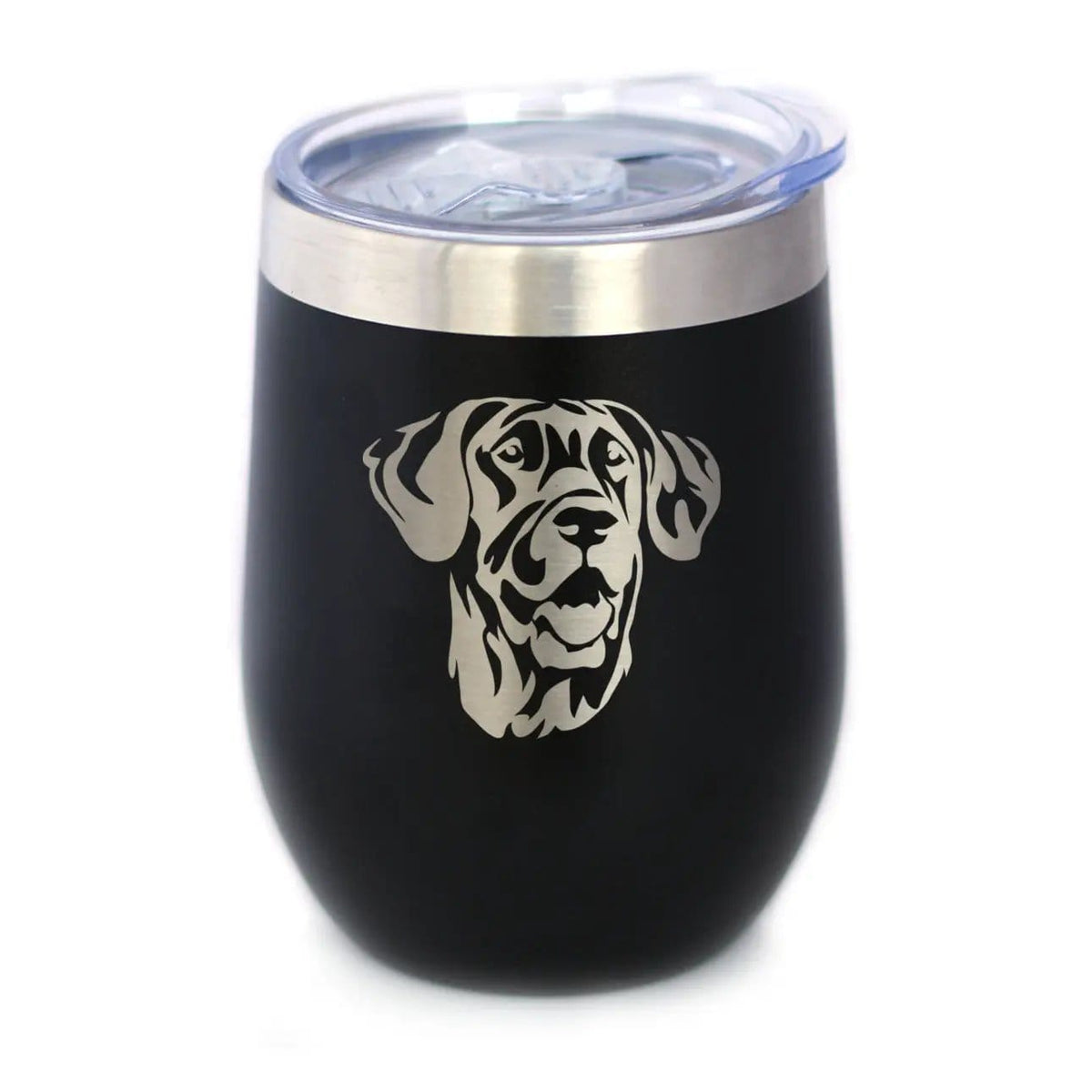 Insulated Stemless Wine Tumbler | 12 oz Stainless Steel | Sliding Lid | Great Dane Face