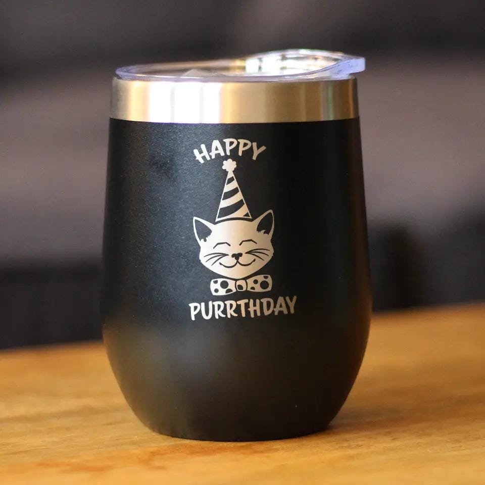 Insulated Stemless Wine Tumbler | 12 oz Stainless Steel | Sliding Lid | Happy Purrthday