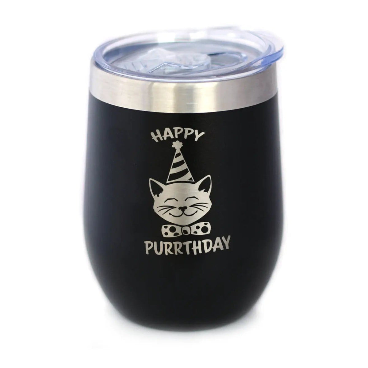 Insulated Stemless Wine Tumbler | 12 oz Stainless Steel | Sliding Lid | Happy Purrthday
