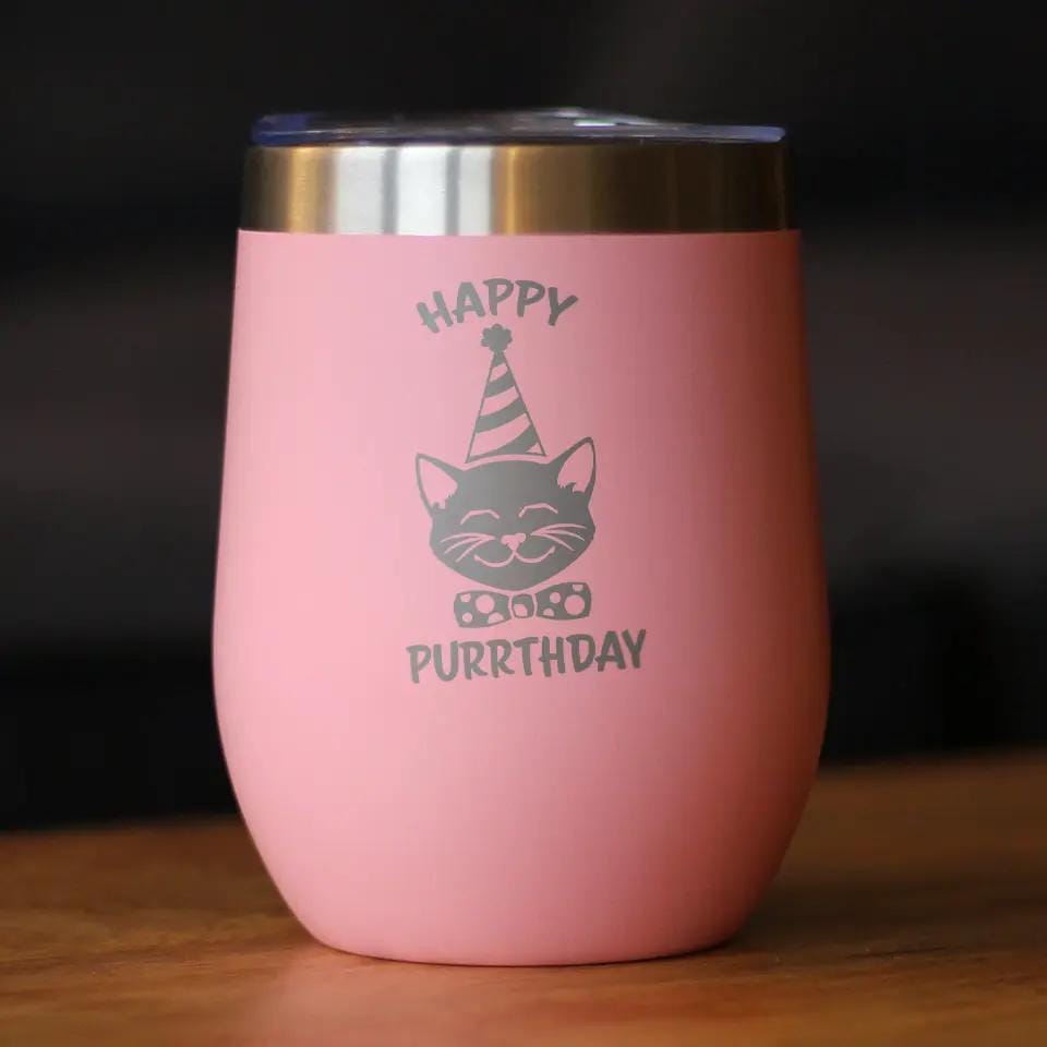 Insulated Stemless Wine Tumbler | 12 oz Stainless Steel | Sliding Lid | Happy Purrthday